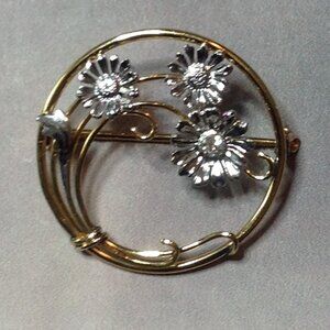 14K Yellow and White Gold Diamond Flower Brooch